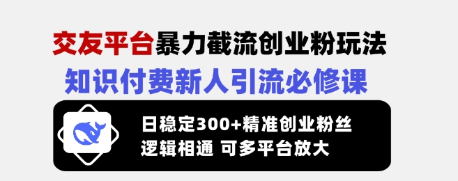 交友平台暴力截流创业粉玩法，知识付费新人引流必修课，日稳定300+精准创业粉丝，逻辑相通可多平台放大-柚子网创